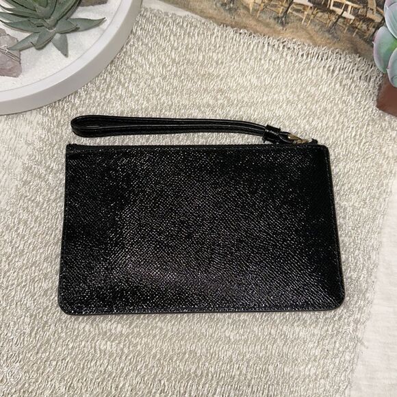 Coach Small Black Crossgrain Leather Gold Tone LogoโZip Wristlet Wallet - Picture 2 of 10